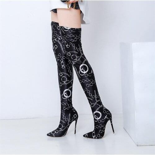 Sexy Woman Over The Knee Boots Stretch Fabric Slip On Pointed Toe Female Thin High Heel Print Long Boots