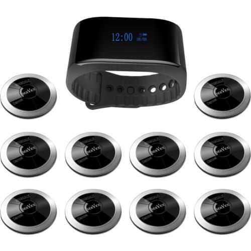 SINGCALL Restaurant Calling System Call Waiter 1 APE6900 Waterproof Bracelet Mobile Receiver Plus 10 Silver Pager Buttons APE320