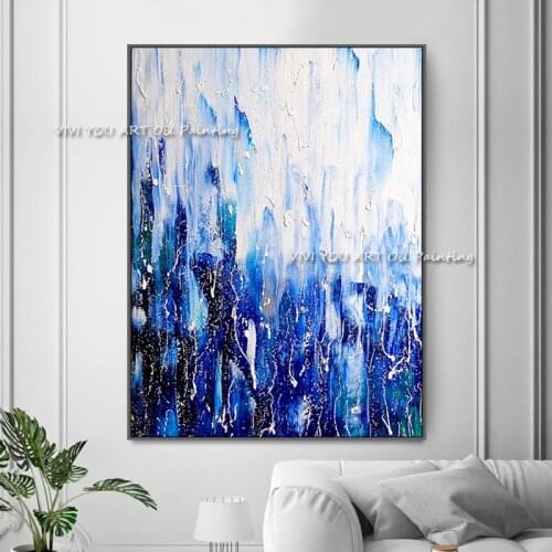 Modern Abstract Oil Painting on Canvas Posters Handmade Wall Art Painting Dark Blue Art Picture for Living Room Home Decor