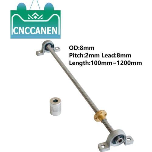 T8 Lead Screw 100mm -1200mm Pitch 2mm Lead 8mm with Nut & KP08 bearing Bracket & 5*8 mm Flexible Coupling 3D printer parts