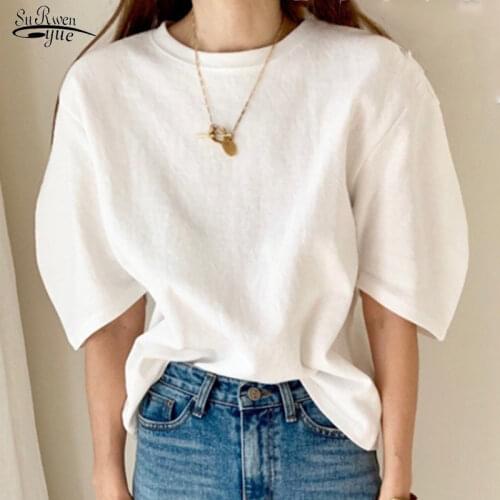 Korean Womens Summer T-shirt Women Casual Solid 4 Colors Puff Half Sleeve Shirts 2021 Round Collar Tee Shirt Clothes Tops 10199