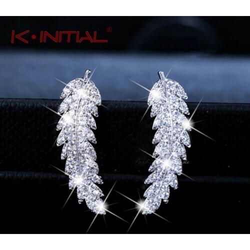 Kinitial Fashion Olive Leaf Stud Earrings For Women Delicate Rhinestone Feather & Leaf Ear Rings Crystal Statements Bijoux