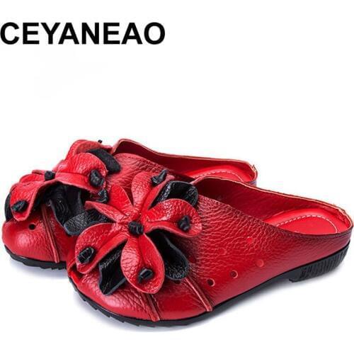 CEYANEAO 2018 Woman Genuine Leather Shoes For Woman Slippers Slip-On Outdoor Slippers Women Shoes Flat with Sandals Floral