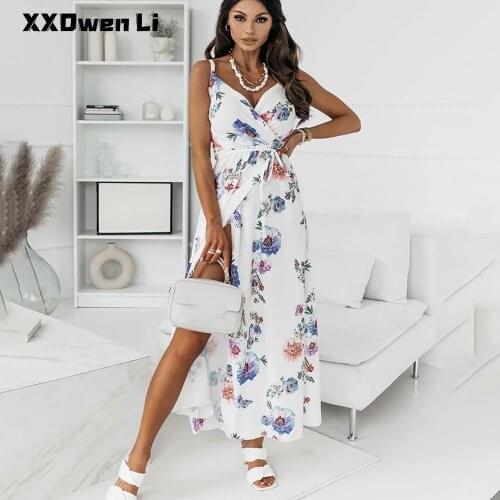 Summer Sexy Backless Spaghetti Print Maxi Dress For Women Casual Lace Up Split White Beach Party Long Dresses Womens Clothing