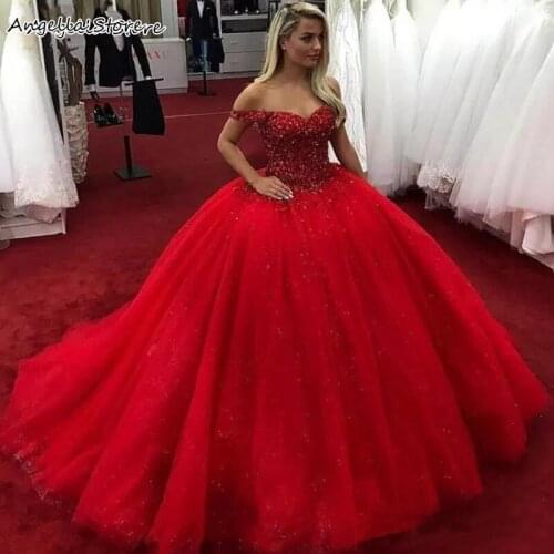 Red Ball Gown Wedding Dresses For Bride Crystal Beads Off Shoulder Tulle Bridal Formal Wear Vintge Vestidos De Novia Sweep Train
