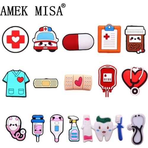 Freeshipping 1pcs Medical Shoe Charms Accessories Cute Stethoscope Syringe PVC Shoe Decoration JIBZ fit Croc Bracelet Kids Gifts