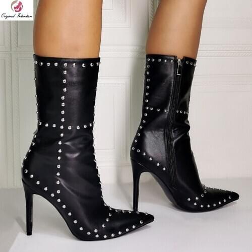 2020 Black Rivet Women Boots Sexy Pointed Toe Thin Heels Ladies Botas Winter Mid Calf Boots Female Women Shoes Plus Size 36-47