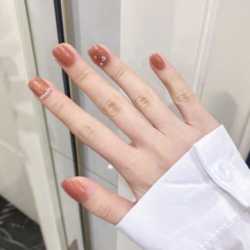 24pcs Pearl Diamond Inlaid Nails Patch Glue Type Short Paragraph Removable Fashion Manicure False Nails Patch Nail Sticker