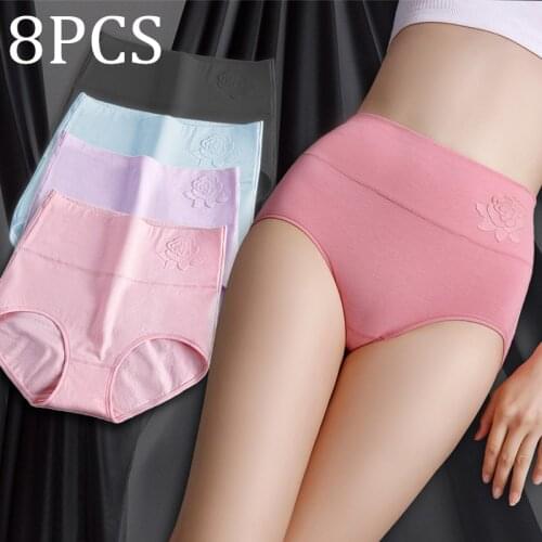 8pcs Women Cotton High waist Tummy Tuck briefs womens panties elastic soft Embossed Rose Ladies Breathable sexy underwear