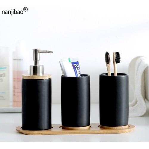 Bathroom Accessories Set Tumblers Ceramic Bamboo Toothbrush Holder Cup Bathroom Emulsion Container Dishwashing Liquid Container