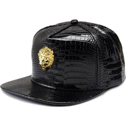 Fashion PU Leather Metal Gold Lion Head Logo Baseball Cap Casual Hip Hop Rap 5 Panel Snapback Hats Men Women