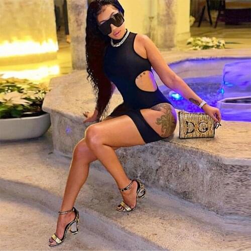 DSMTRC Black Solid Color Cut Out Skinny Party Clubwear Sleeveless Bodycon Dresses Sexy Midnight Hollow Out Tank Mini Dress 2021