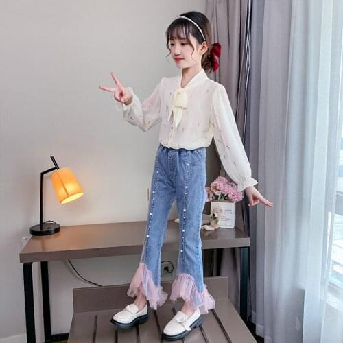 Girls Jeans 2021 Childrens Clothing Spring Autumn New Cropped Trousers Childrens Flared Pants Girls Fashion Trousers
