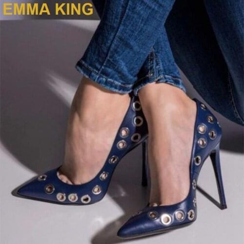 EMMA KING 2019 Brand New Fashion Navy Studs Women Shoes Shallow Pointy Toe Stiletto Pumps Office Lady Sexy High Heels With Rivet