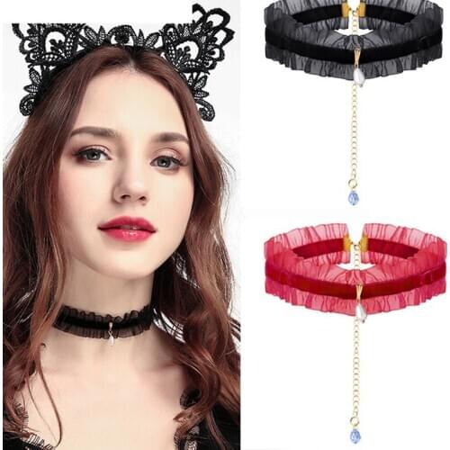 Hot New Lace Necklace Sexy Fold Pearl Clavicle Chain Necklace Black Lace Sexy Accessories Carnival Party Costume Decoration