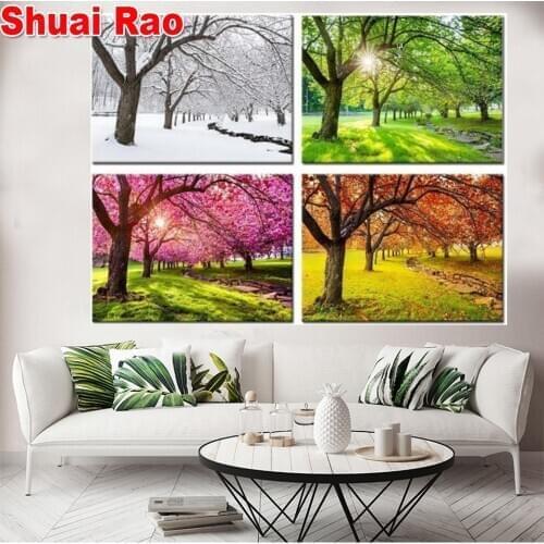 Full Square/round 5d diy diamond painting 4 Piece Spring Summer Autumn Winter Four Seasons Landscape Tree scenery embroidery