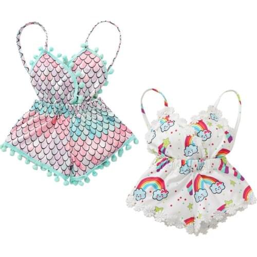 Newborn Baby Girls Summer Tie-up Romper Baby Girl Rainbow/Scale Pattern Spaghetti Strap V-Neck Romper
