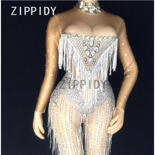 Glisten Silver Rhinestones Jumpsuit Sexy Tassels Big Stones Stretch Bodysuit Nightclub Singer Dance Party Outfit Womens Clothes