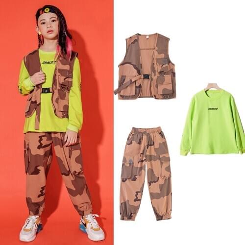 Girls Hip Hop Jazz Dance Costume Clothes For Girls Kid Cropped Sweatshirt Jogger Pants Camouflage Suit Street Dance Wear SL3976