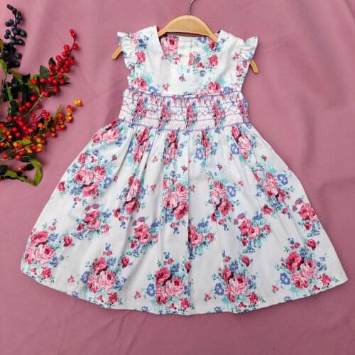 Baby girl summer vintage floral printed smocking dress kids sleeveless cotton a-line princess bmbroidered dress