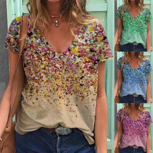 Summer New Style Womens V-Neck Casual Bottoming Shirt Floral Print Short Sleeve T-shirt Loose Sweet Loose Tees Plus Size Tops