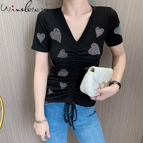 Summer European StyleT-Shirt Chic Sexy V-Neck Drape Shiny Diamonds Love Women Tops All Match Short Sleeve Lace Up Tees T17815A