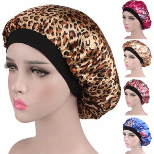 Novelty Women Satin Sleeping Hat Flower Pattern Pastoral Shower Cap Hair Bonnet Silk Head Cover Wide Elastic Band Shower Bonnet