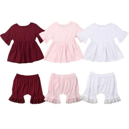 Girl Clothes 2019 Sweet Toddler Kids Baby Girl Clothes Flared Tops Dress+Lace Shorts Casual Outfit