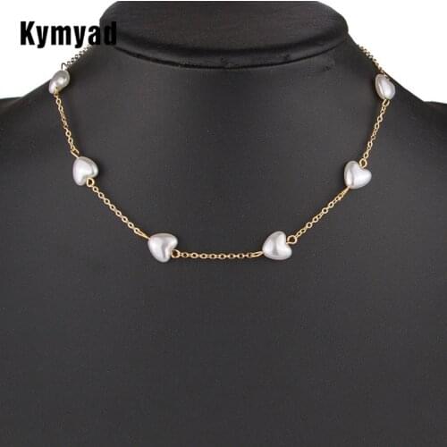 Kymyad Gold Color Choker Necklace For Women Love Flower Pendant Necklaces Thin Chain Chunky Simulated Pearl Jewelry Necklaces