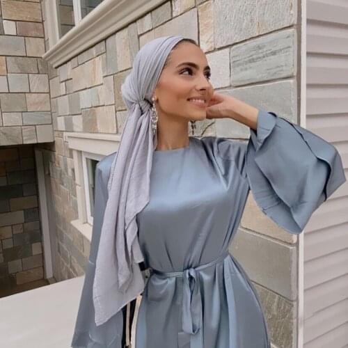 Ramadan Eid Duba Turkey Muslim Hijab Dress Summer Flare Sleeve Maxi Satin Dresses