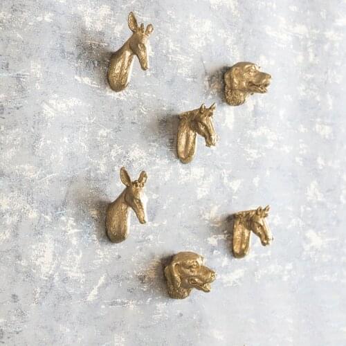 HXS Nordic Style Horse Head Deer Dog Creative Solid Brass Knob Vintage Cabinet Handle Drawer Pull Light Brushed Gold Color