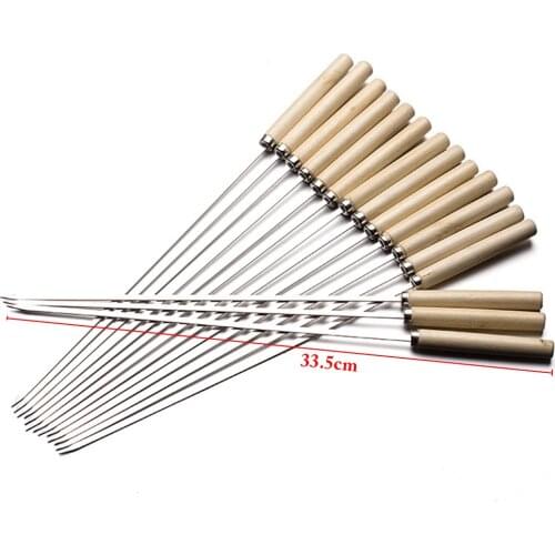 20Pcs/Set Barbecue Skewer Wooden Handle Stainless Steel Kabob Skewer BBQ Stick Outdoor Camping Kitchen BBQ Tools Accessories