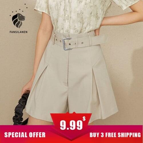 FANSILANEN 100% cotton summer casual shorts Women belt office lady high waist shorts Wide leg pleated elegant female sexy shorts