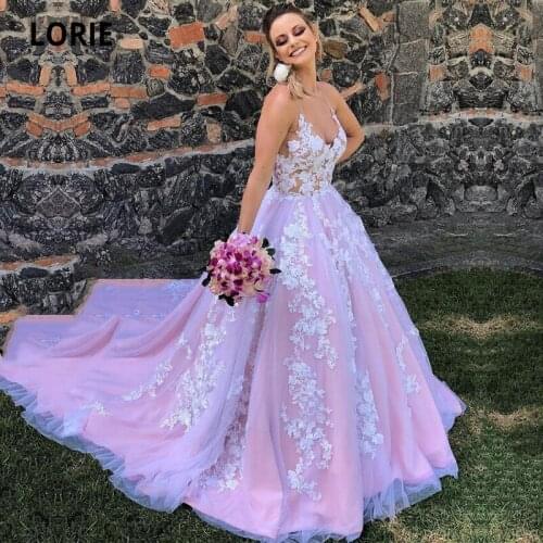 LORIE Vintage Ball Gown Wedding Dresses V-Neck Pink Appliques Lace Custom Made Wedding Bridal Gown suknia slubna