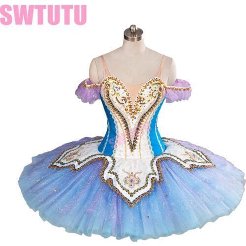 High quality blue professional ballet tutus with Golden decoration rehearsal tutu pancake tutu BT9101