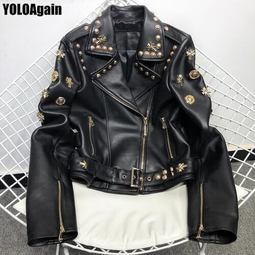 YOLOAgain women gold rivet motorcycle leather jacket ladies genuine leather jacket