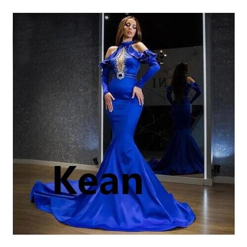 Royal Blue Deep V Evening Dresses Full Sleeves Beaded robe de soiree Evening Gowns Prom Dress Vestidos De Festa