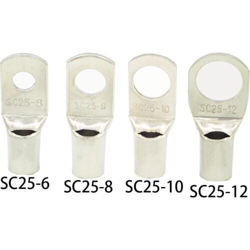 10PCS SC25-6 25-8 25-10 25-12 Copper Cable Lug Kit Bolt Hole Tinned Cable lugs Battery Terminals copper nose Wire connector