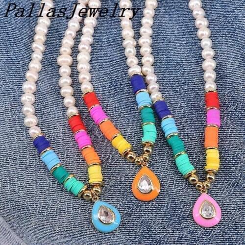 3Pcs Colorful Drop shape necklace, colorful Polymer Clay beaded choker, pearl choker necklace, beaded necklace