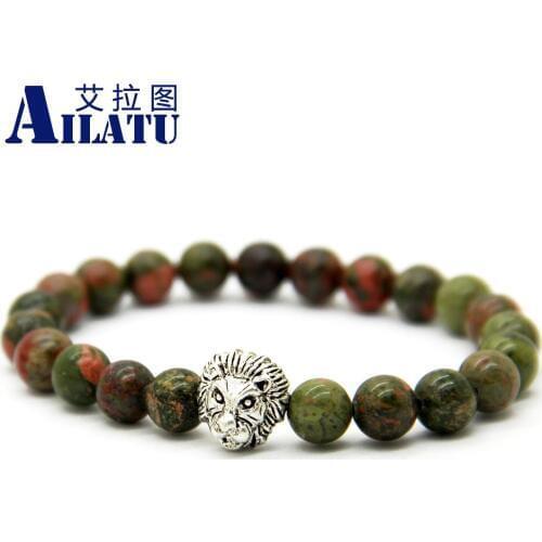 Ailatu Fashion Masculinas Natural Unakite Stone Lion Head Bracelet Women Pulseras Hombre Bracciali Mens Elastic Bead Jewelry