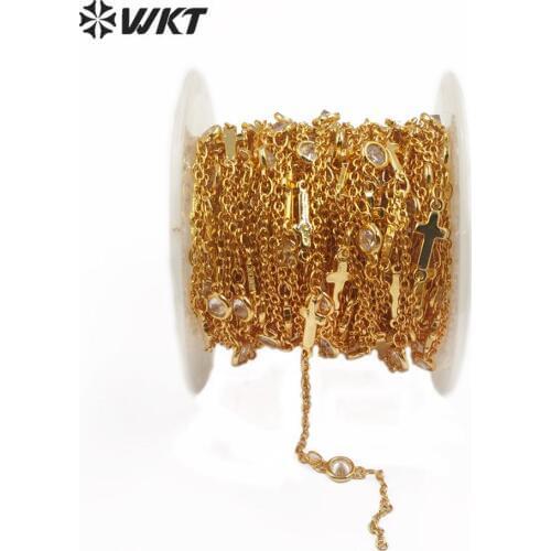 WT-RBC130 Wholesale 5 meters Cubic Zirconia & Cross Brass Chain in Gold Electroplated Rosary Chain For Jewelry Making Necklace