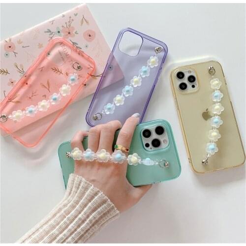 Candy Color Clear Flower Chain Phone Case For iPhone 11 12 Pro Max Mini X XR XS Max 7 8 Plus SE 2020 Wrist Strap Soft TPU Cover