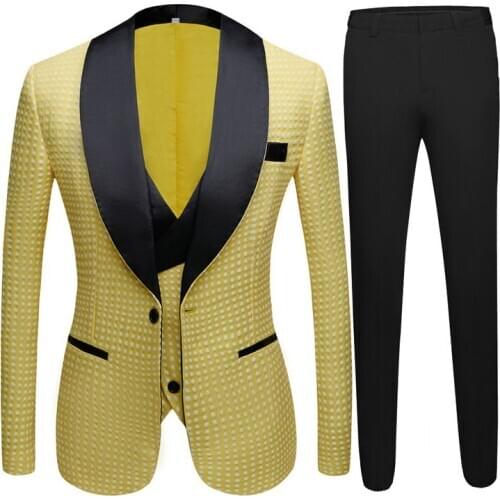 Elegant 3 Piece Men Suit 2020 Yellow Dots White Shawl Lapel Formal Groom Wedding Suits For Men Blazer Slim Fit Best Man Tuxedo
