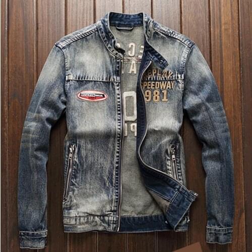 European and American stand-up denim jackets mens slim wash vintage zipper jackets letters embroidered on the clothes