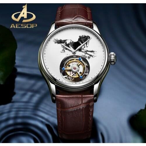 AESOP Genuine Leather Band Ink Painting Horse Dial Men Watch Real Tourbillon Mechanical Watch Double-Sided Sapphire Glass Watch