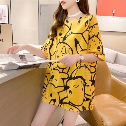 Summer Polyester Womens T-Shirt Round Collar Middle Sleeve Pullover Pikachu Print Loose Plus Size Fashion Office Lady T-Shirt