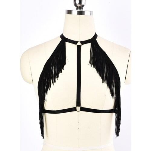 Gothic Black Tassel Bra Harness Garter Belt Women Cage Body Bondage Bra Garters Tassel Waist Belts Rave Costume