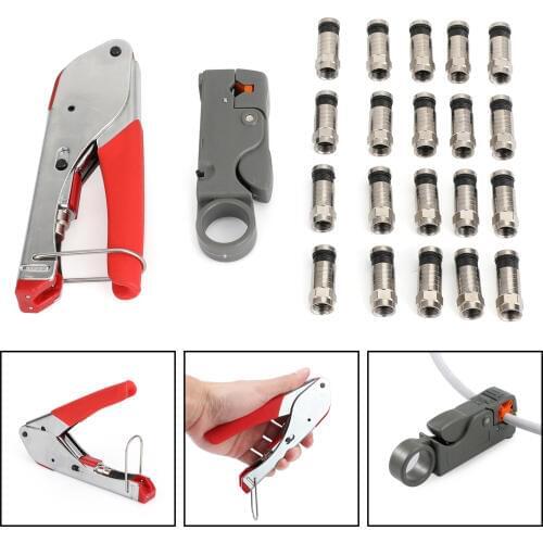 Areyourshop Coaxial Crimping Crimper + RG6 Crimp Connectors F-Type Compression Stripper Rotary Coax Cable Plier Tool Set