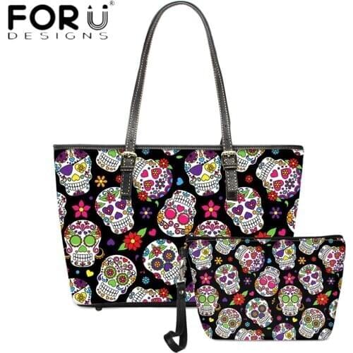 FORUDESIGNS PU Leather 2pcs Set Women Totes Bags Sugar Skull Printing Female Luxury Handbag Purse Party Sac Main Halloween Gifts
