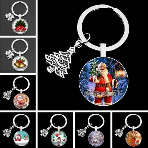 Fashion Merry Christmas Pendent Glass Keychain Santa Claus Key Ring Christmas Bell Key Holder Gift for New Year